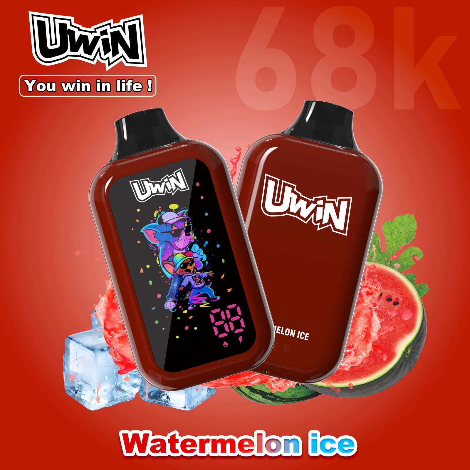 Uwin Digital Box 68000 68K Puffs LED Display Edition Disposable Vape in Watermelon Ice flavor