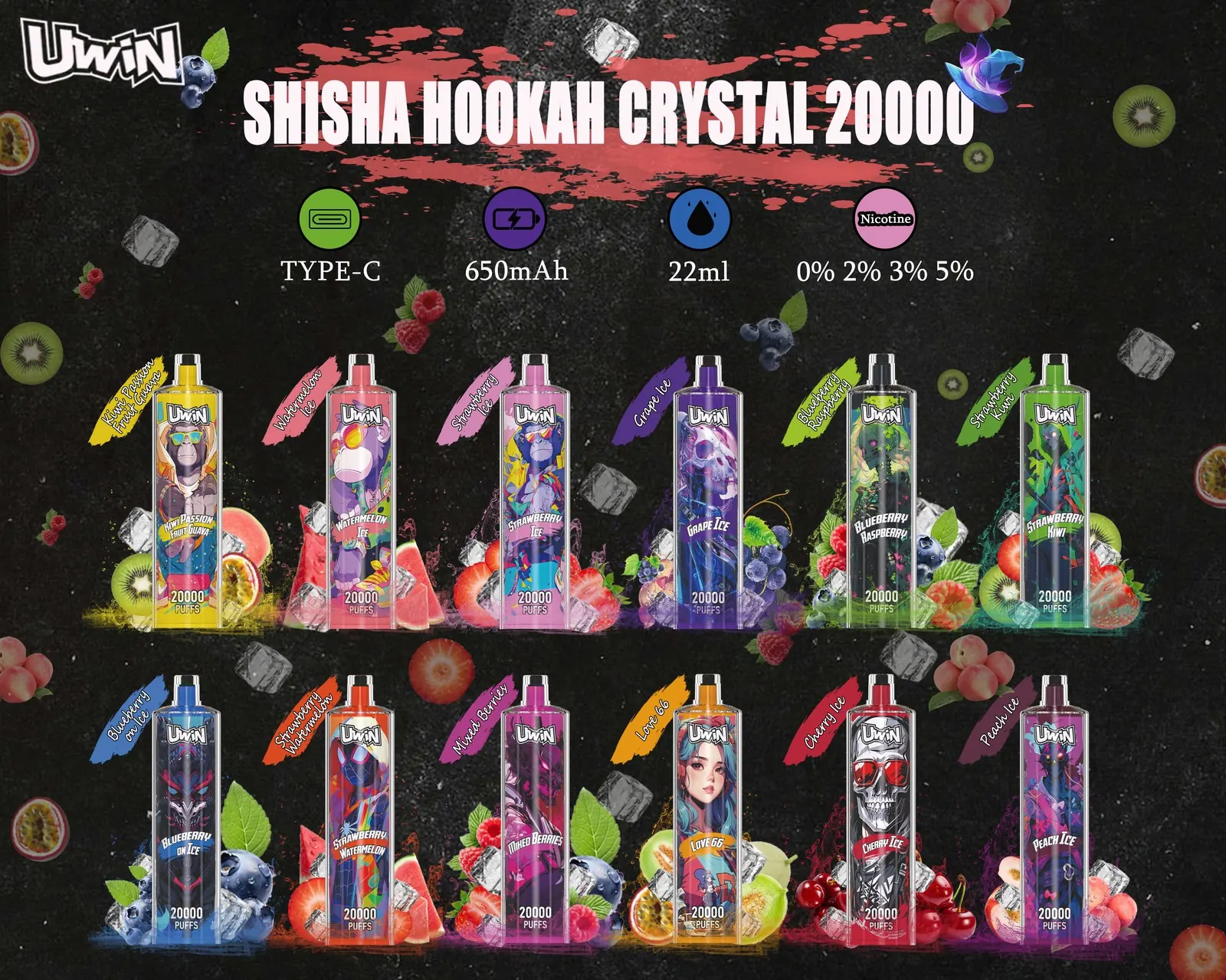Uwin Shisha Hookah Crystal 20000 20k Puffs Edition Rechargeable Disposable Vape product image