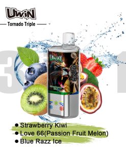 Uwin Tornado Triple 60000 60K Puffs 3 in 1 Flavors Rechargeable LED Display Disposable Vape in Strawberry Kiwi & Love 66 (Passion Fruit Melon) & Blue Razz