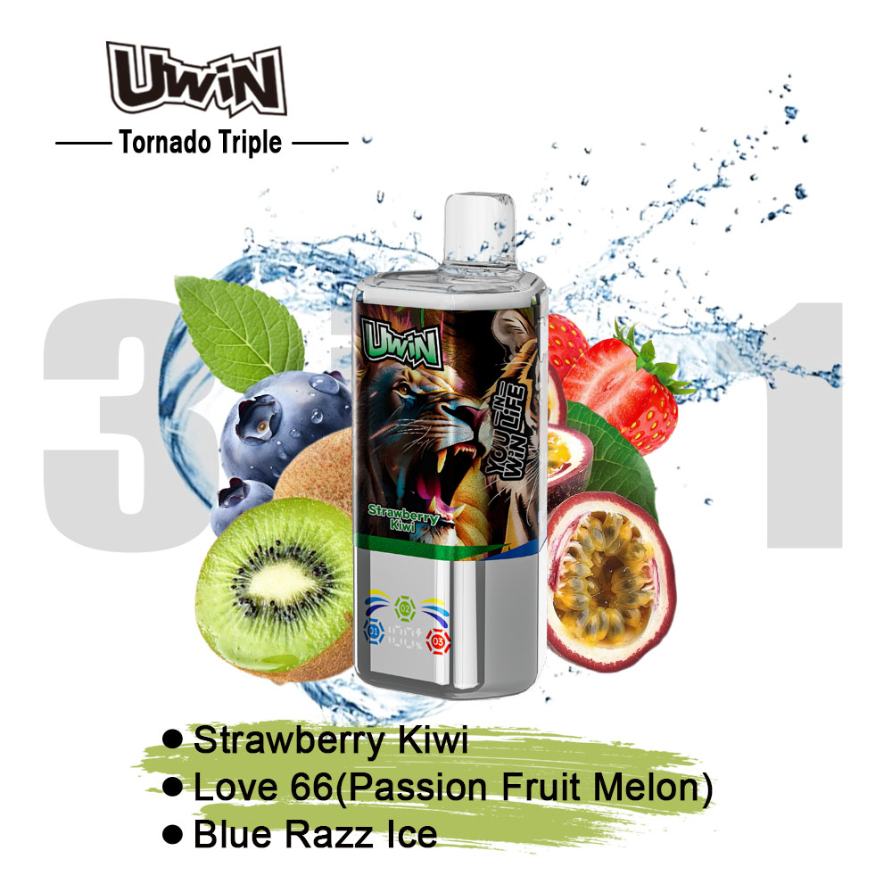 Uwin Tornado Triple 60000 60K Puffs 3 in 1 Flavors Rechargeable LED Display Disposable Vape in Strawberry Kiwi & Love 66 (Passion Fruit Melon) & Blue Razz