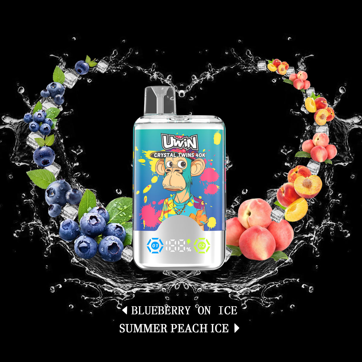 Uwin Twins Crystal 40000 40k Puffs Double Taste LED Display Disposable Vape in Blueberry On Ice & Summer Peach Ice flavor