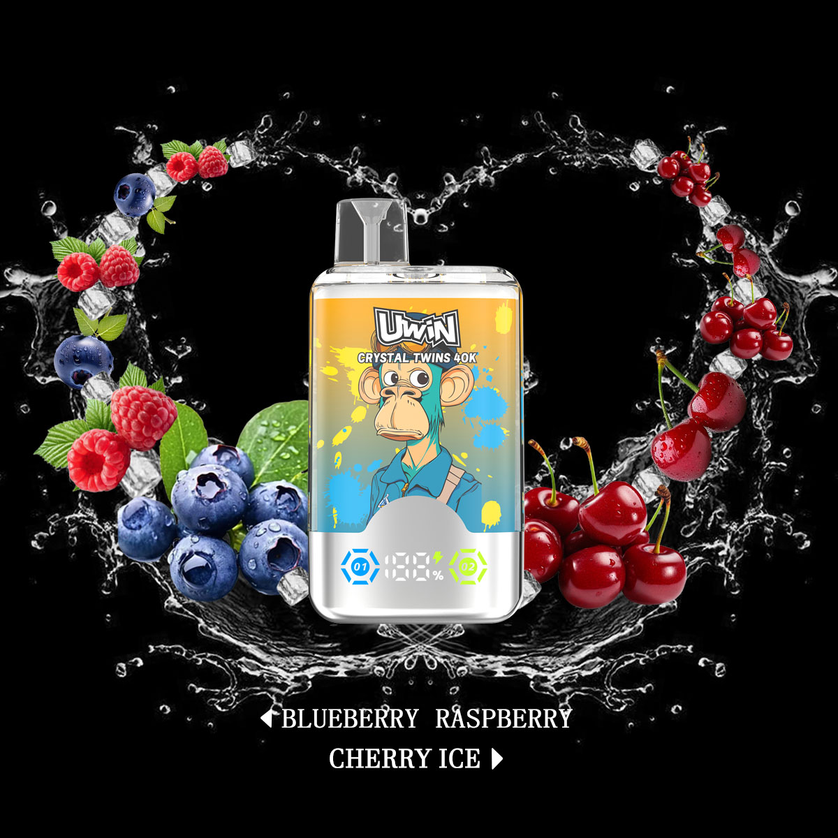 Uwin Twins Crystal 40000 40k Puffs Double Taste LED Display Disposable Vape in Blueberry Raspberry & Cherry Ice flavor