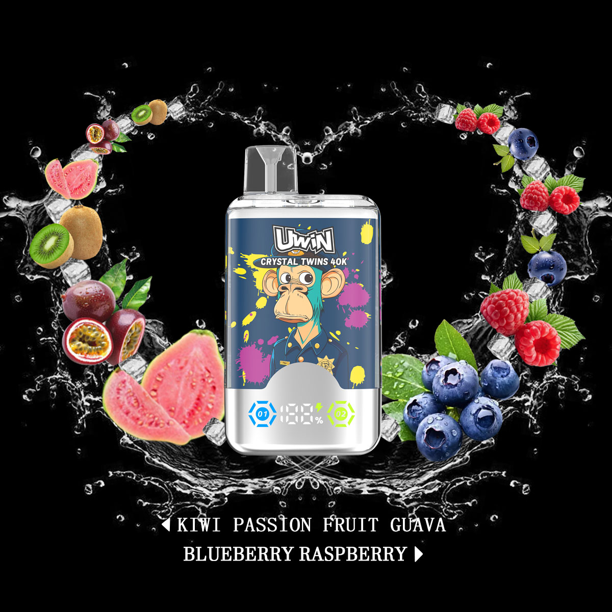 Uwin Twins Crystal 40000 40k Puffs Double Taste LED Display Disposable Vape in Kiwi Passion Fruit Guava & Blueberry Raspberry flavor