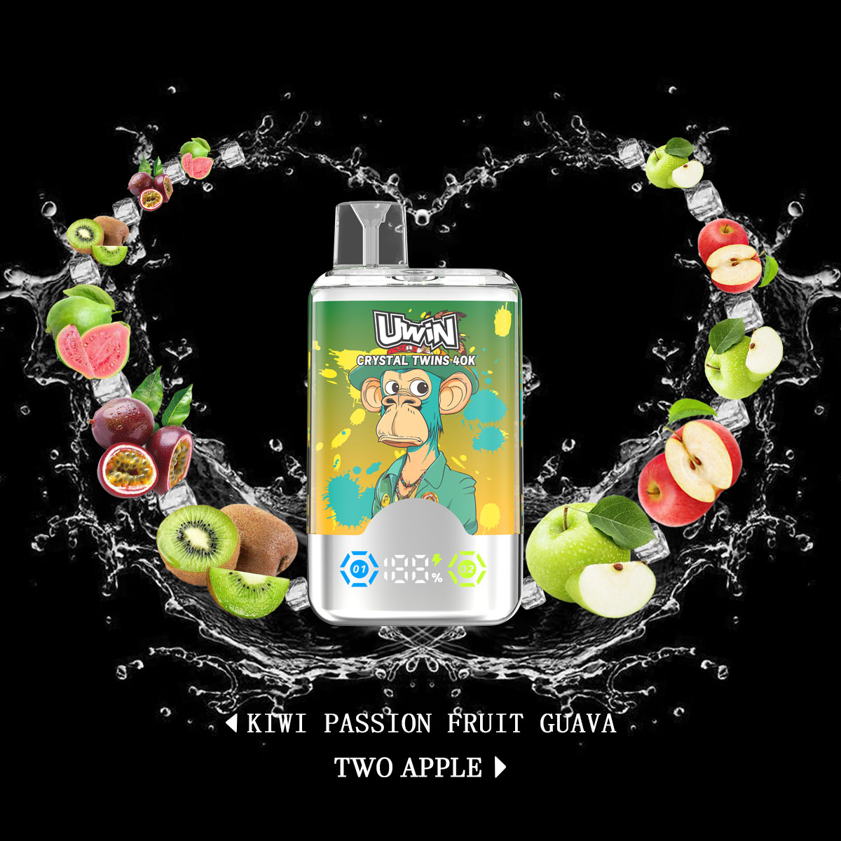 Uwin Twins Crystal 40000 40k Puffs Double Taste LED Display Disposable Vape in Kiwi Passion Fruit Guava & Two Apple flavor