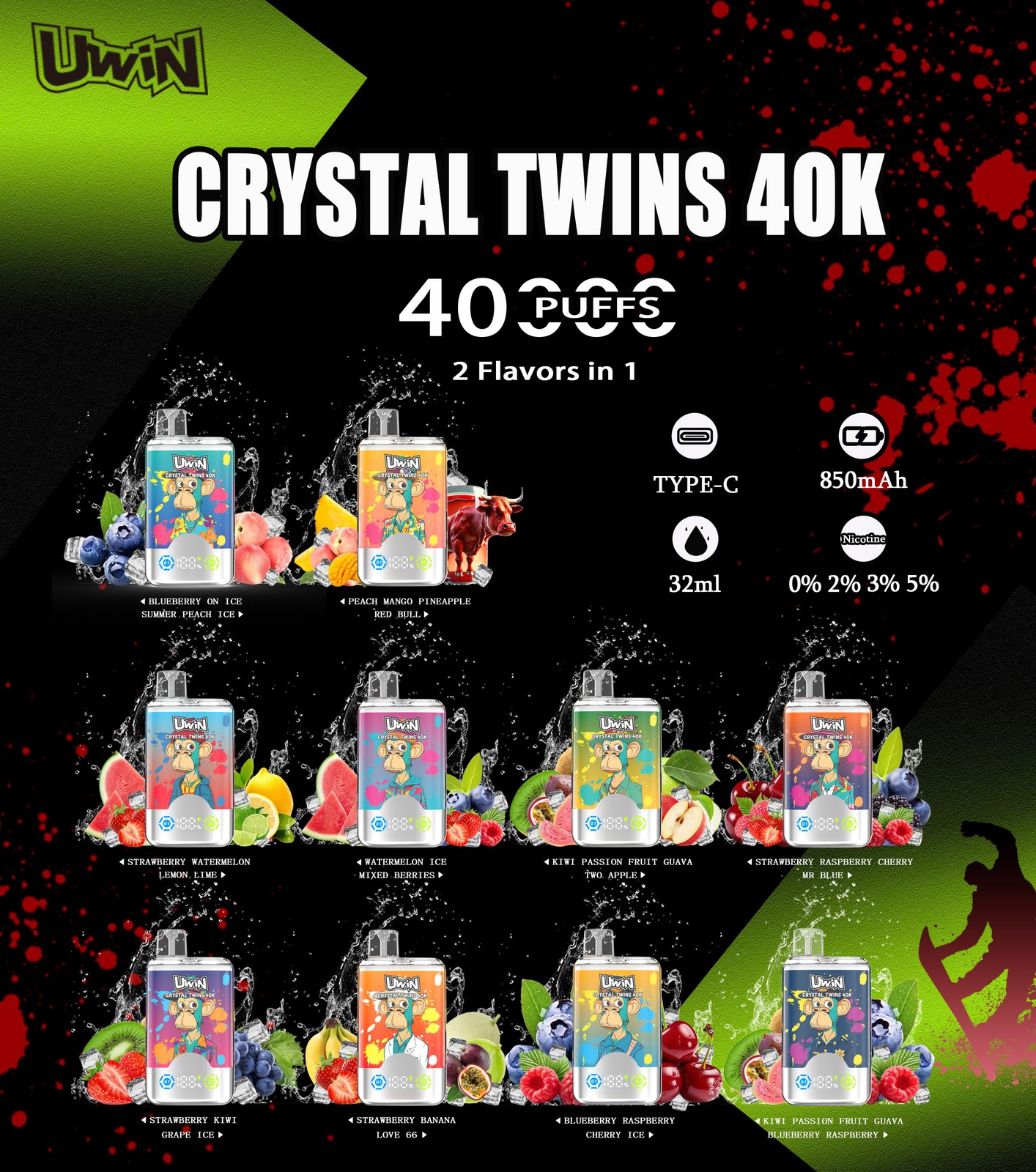 Uwin Twins Crystal 40000 40k Puffs Double Taste LED Display Disposable Vape random flavor option image