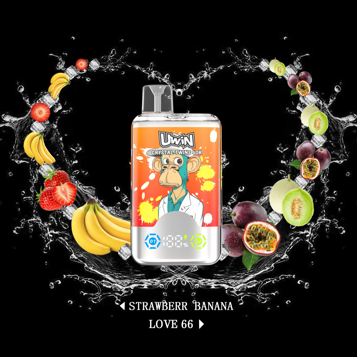 Uwin Twins Crystal 40000 40k Puffs Double Taste LED Display Disposable Vape in Strawberry Banana & Love 66 (Passion Fruit Melon Ice) flavor