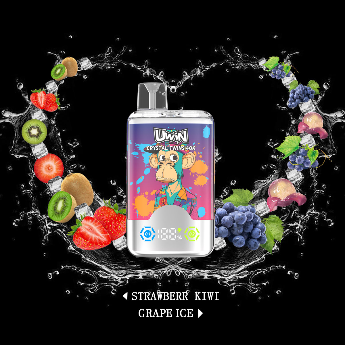 Uwin Twins Crystal 40000 40k Puffs Double Taste LED Display Disposable Vape in Strawberry Kiwi & Grape Ice flavor