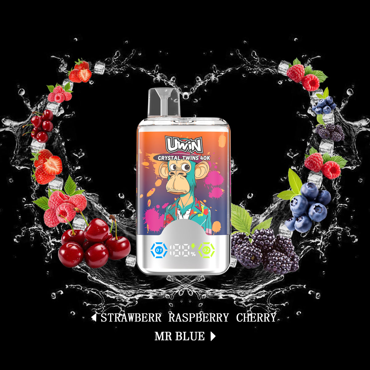 Uwin Twins Crystal 40000 40k Puffs Double Taste LED Display Disposable Vape in Strawberry Red Bull & Cherry Ice flavor