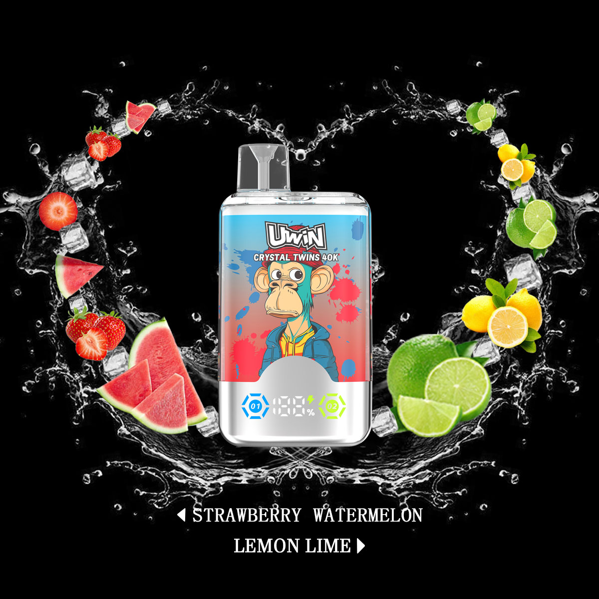 Uwin Twins Crystal 40000 40k Puffs Double Taste LED Display Disposable Vape in Strawberry Watermelon & Lemon Lime flavor