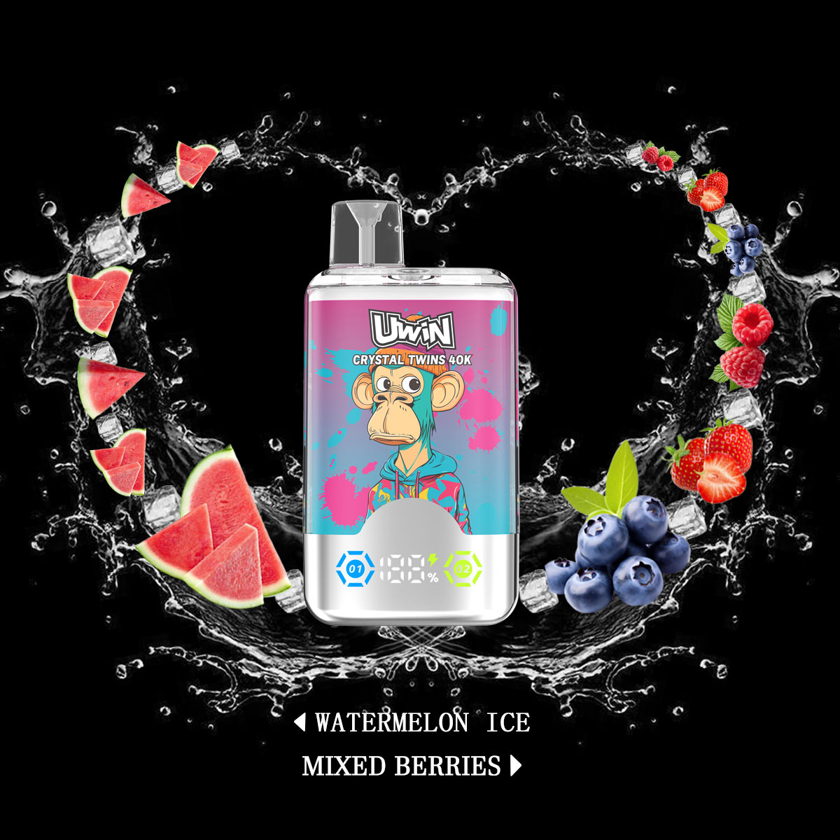 Uwin Twins Crystal 40000 40k Puffs Double Taste LED Display Disposable Vape in Watermelon Ice & Mixed Berries flavor