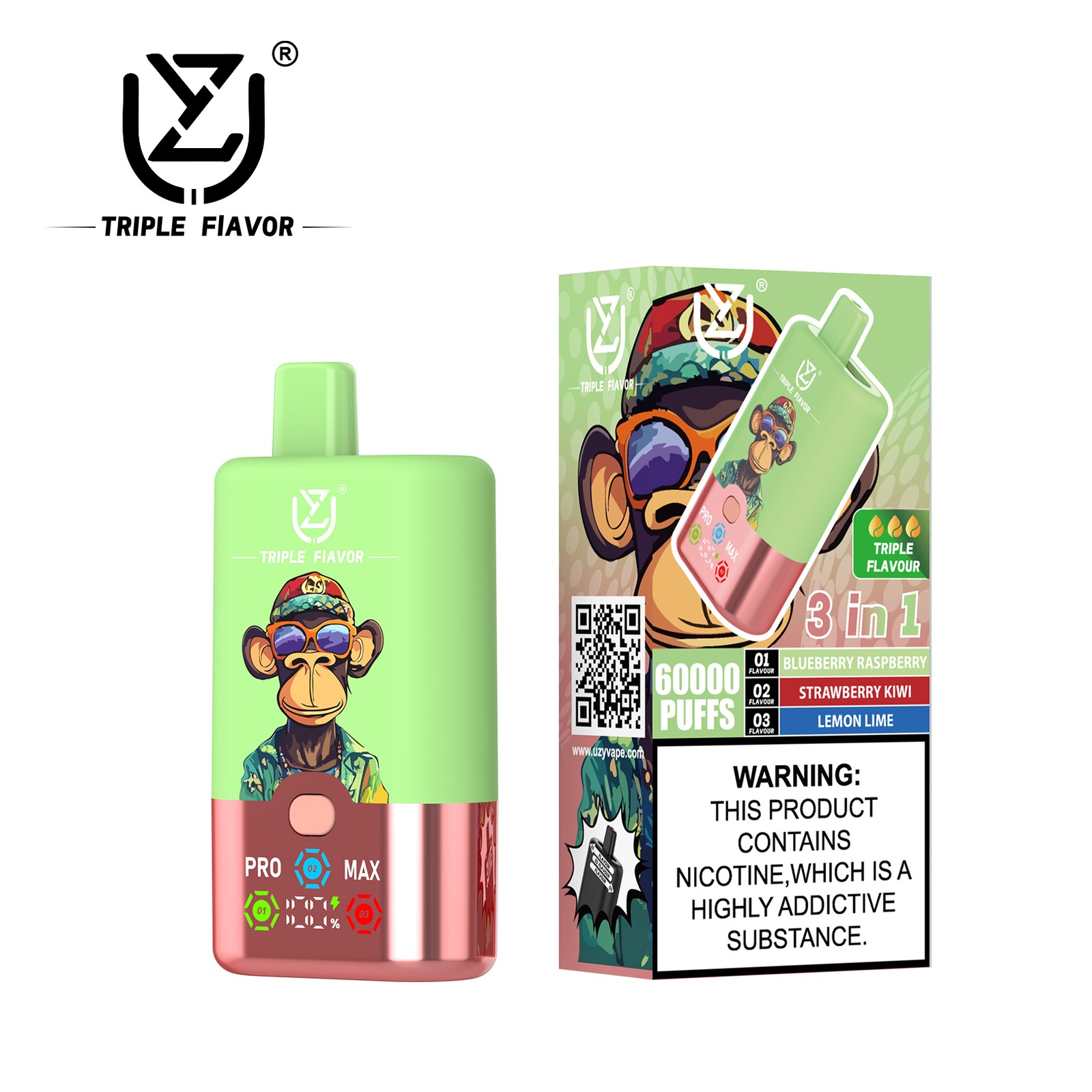 UZY Triple Flavor 60000 60K Puffs 3 in 1 Flavors Rechargeable LED Display Disposable Vape in Blueberry Raspberry & Strawberry Kiwi & Lemon Lime flavor