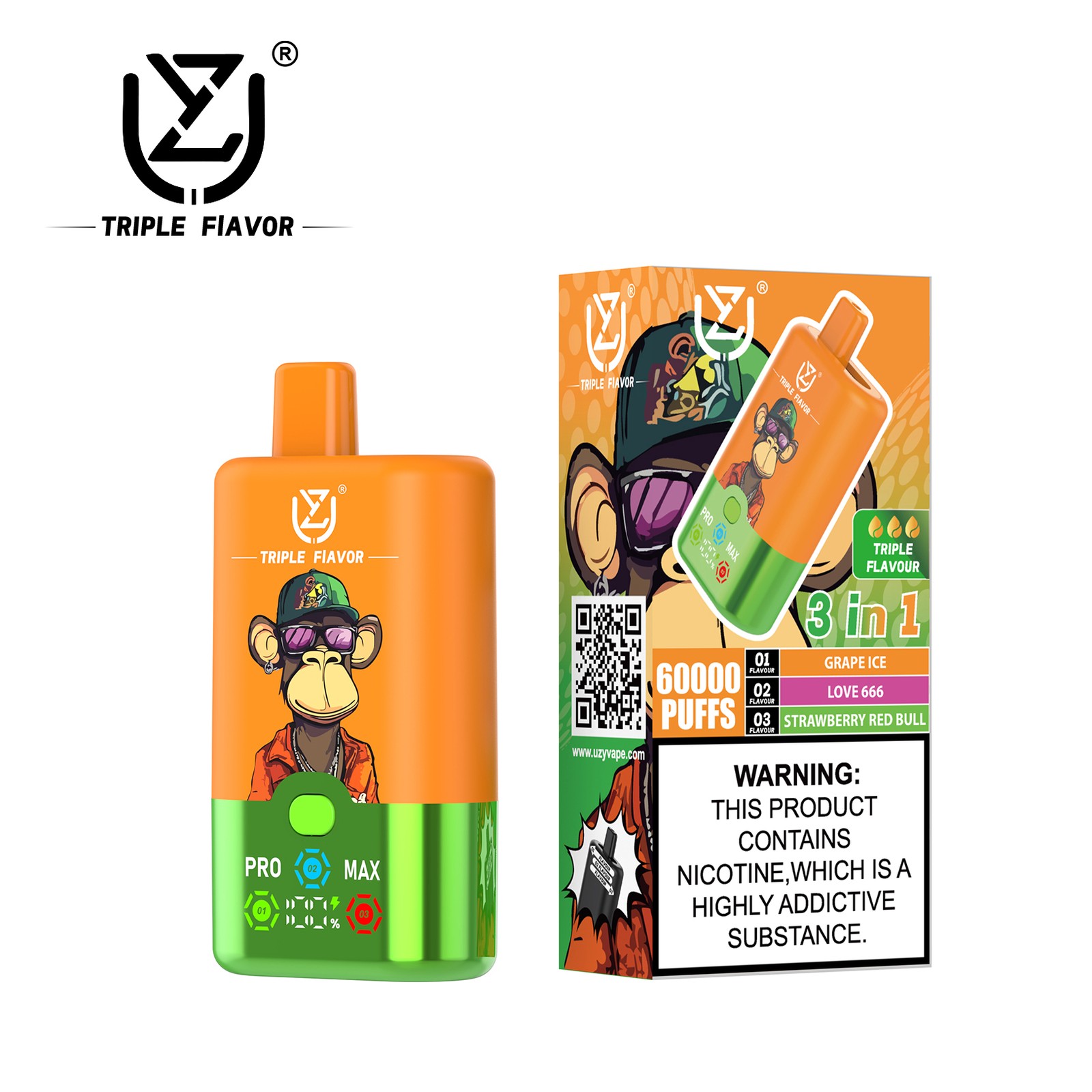 UZY Triple Flavor 60000 60K Puffs 3 in 1 Flavors Rechargeable LED Display Disposable Vape in Grape Ice & Love 666 (Passion Fruit Melon) & Strawberry Red