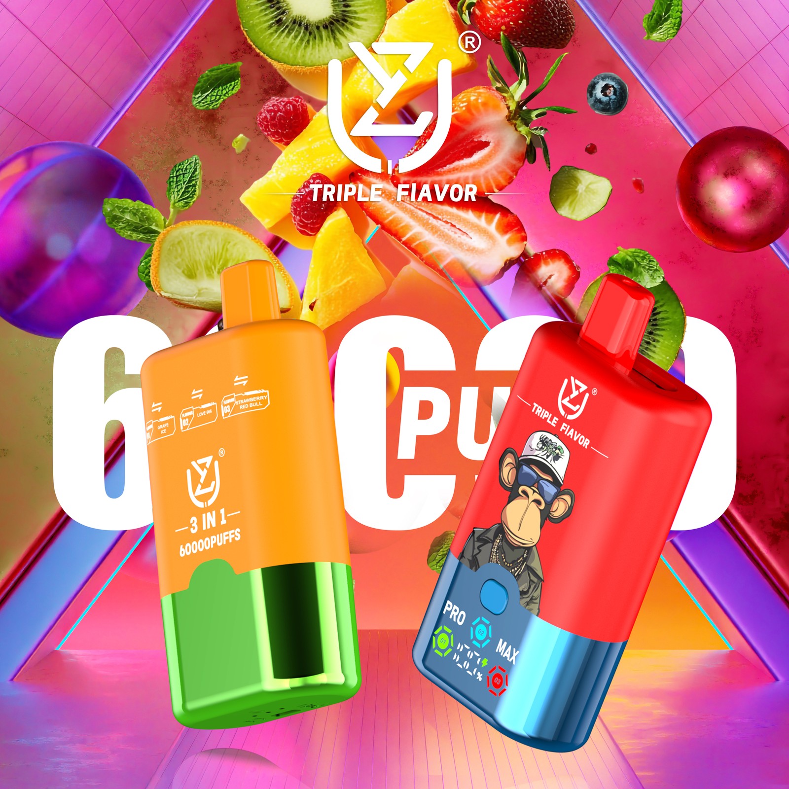 UZY Triple Flavor 60000 60K Puffs 3 in 1 Flavors Rechargeable LED Display Disposable Vape product image
