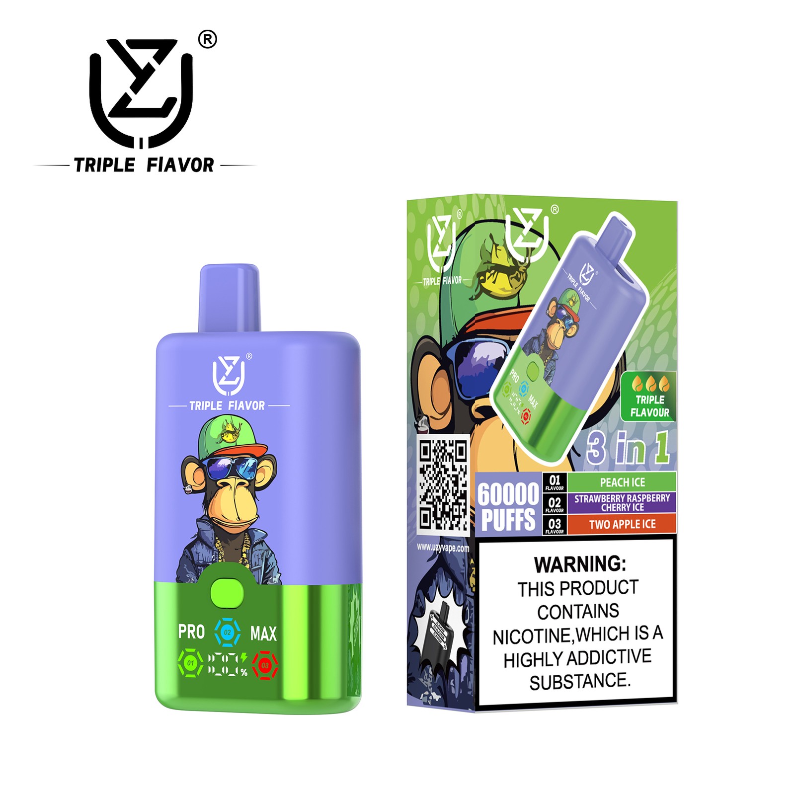 UZY Triple Flavor 60000 60K Puffs 3 in 1 Flavors Rechargeable LED Display Disposable Vape in Peach Ice & Strawberry Raspberry Cherry Ice & Two Apple Ice