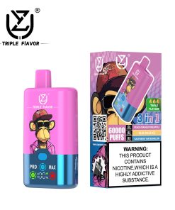 UZY Triple Flavor 60000 60K Puffs 3 in 1 Flavors Rechargeable LED Display Disposable Vape in Peach Mango Pineapple & Blue Razz Ice & Raspberry Watermelon