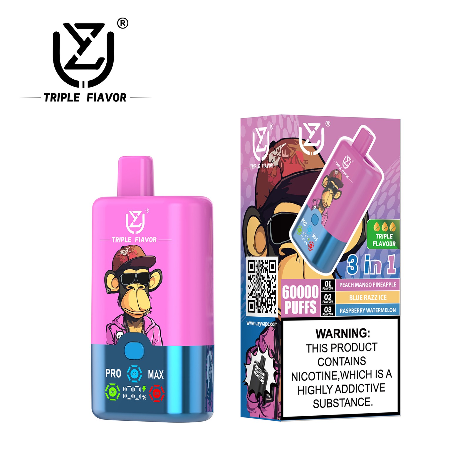 UZY Triple Flavor 60000 60K Puffs 3 in 1 Flavors Rechargeable LED Display Disposable Vape in Peach Mango Pineapple & Blue Razz Ice & Raspberry Watermelon