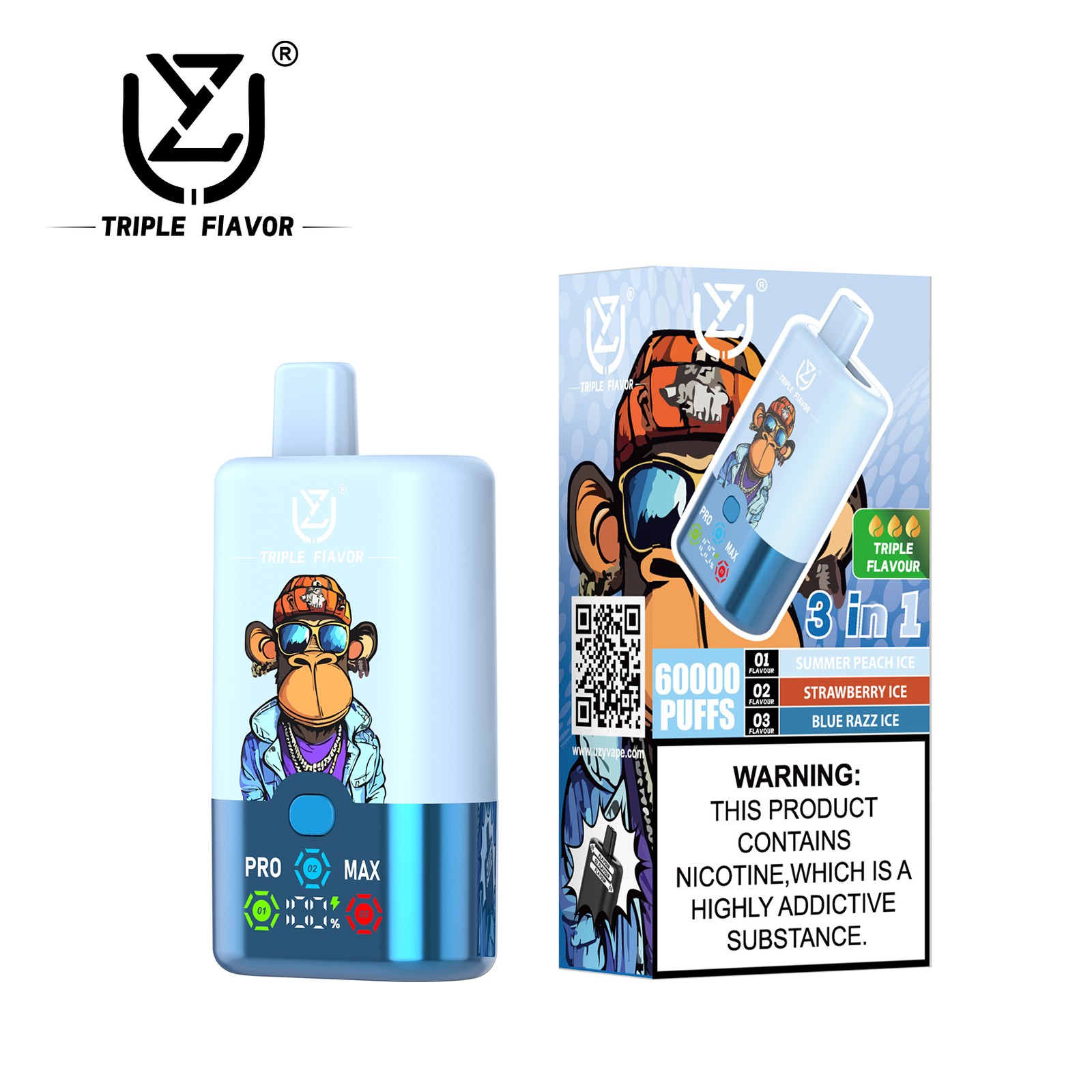 UZY Triple Flavor 60000 60K Puffs 3 in 1 Flavors Rechargeable LED Display Disposable Vape in Summer Peach Ice & Strawberry Ice & Blue Razz Ice flavor