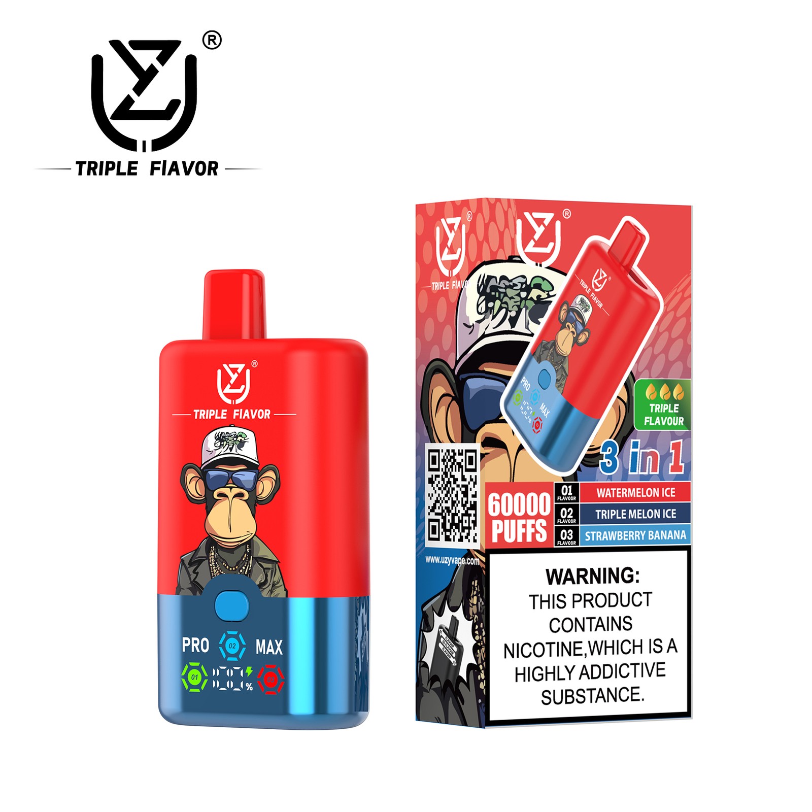 UZY Triple Flavor 60000 60K Puffs 3 in 1 Flavors Rechargeable LED Display Disposable Vape in Watermelon Ice & Triple Melon Ice & Strawberry Banana flavor