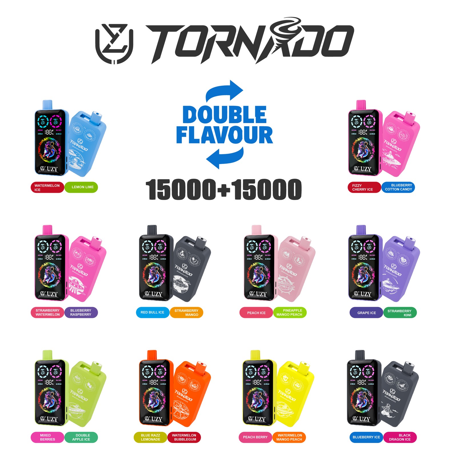 UZY Tornado 30000 30K Puffs Double Taste RGD Screen Display Disposable Vape flavor options image