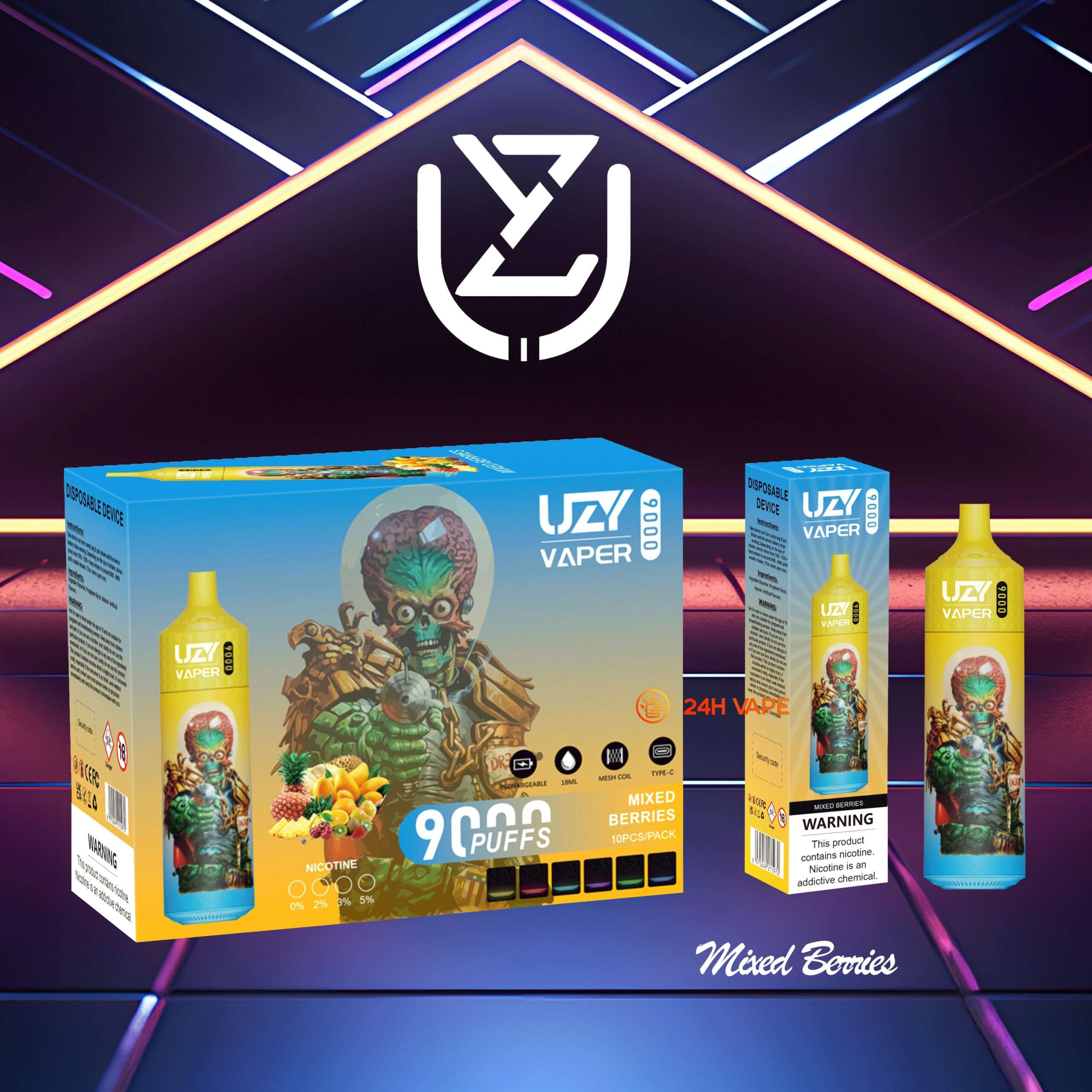 UZY Vaper 9000 Puffs 0% 2% 3% 5% Nicotine Disposable random flavor option image