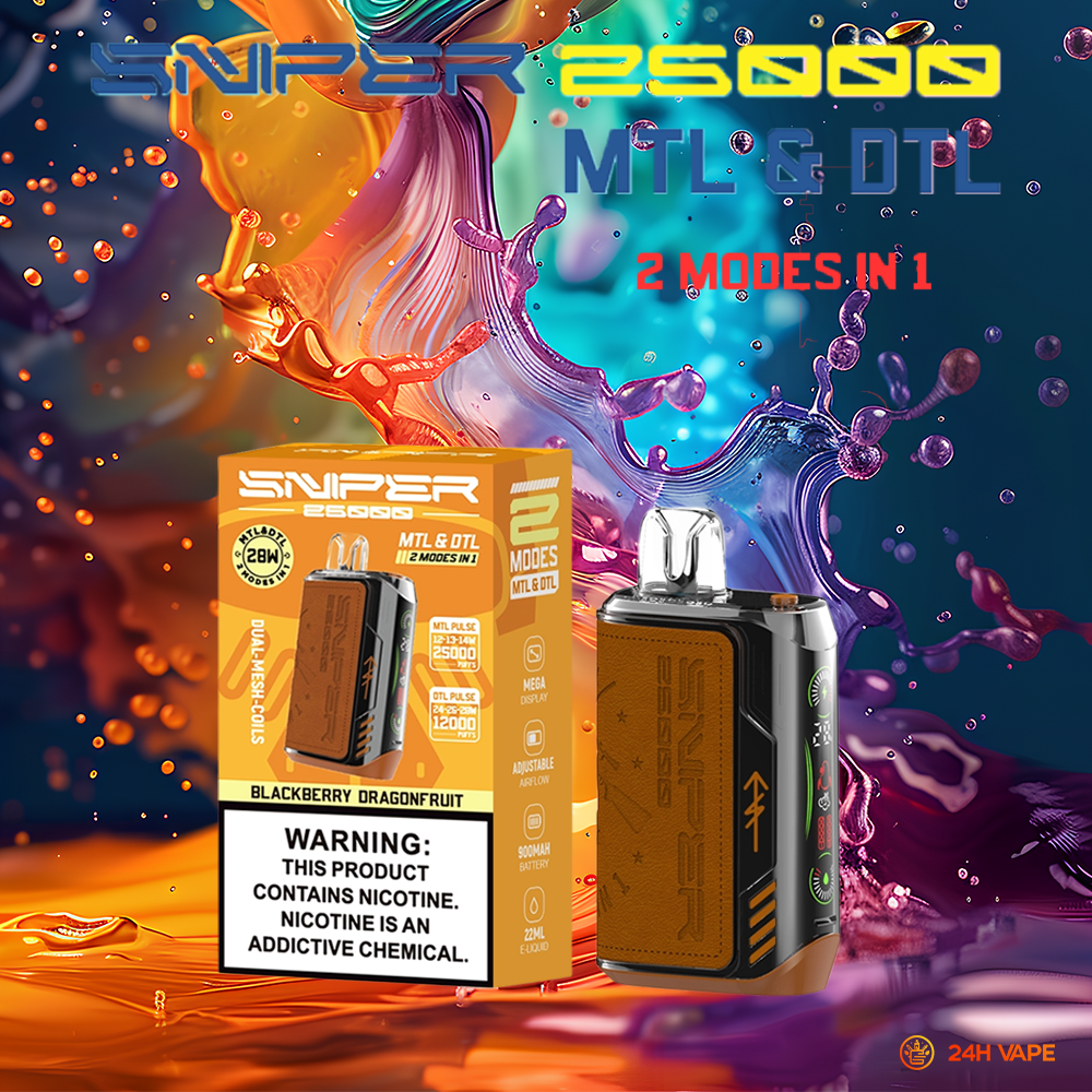 VAPMOD SNIPER 25000 25K Puffs Edition Leather LED Display Disposable Vape in Blackberry Dragonfruit flavor