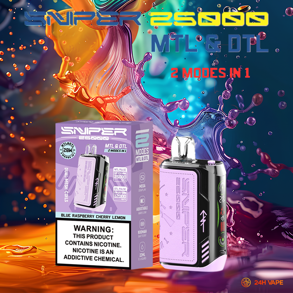 VAPMOD SNIPER 25000 25K Puffs Edition Leather LED Display Disposable Vape in Blue Raspberry Cherry Lemon flavor