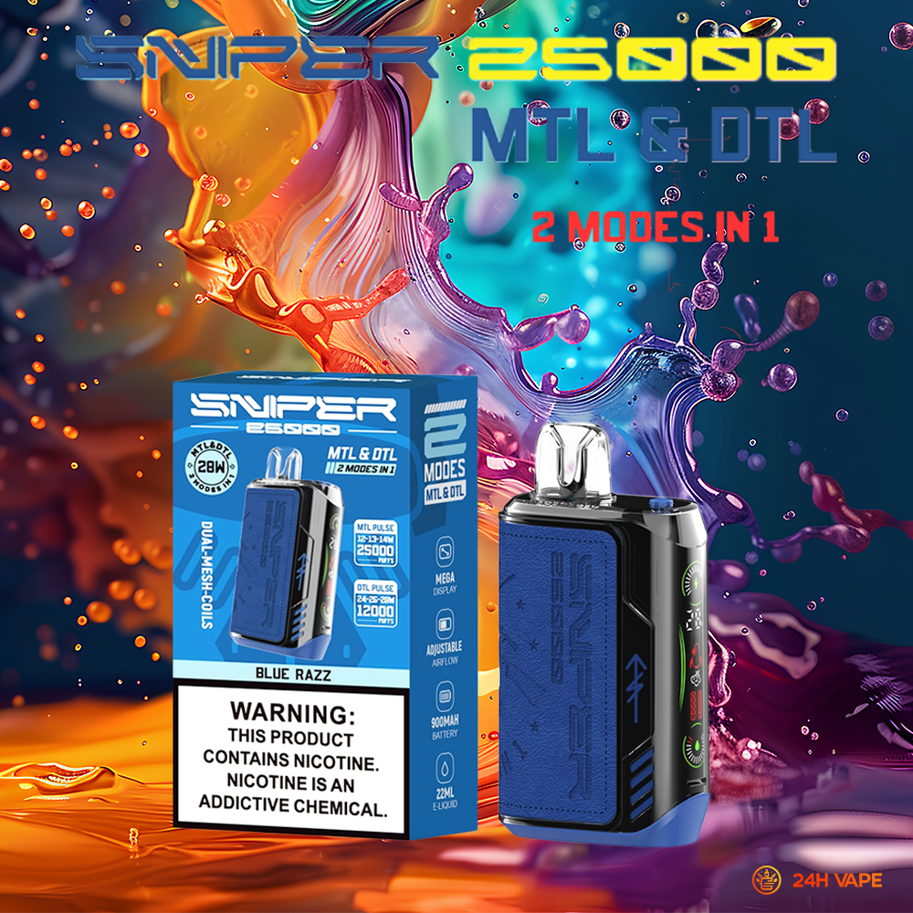 VAPMOD SNIPER 25000 25K Puffs Edition Leather LED Display Disposable Vape in Blue Razz flavor