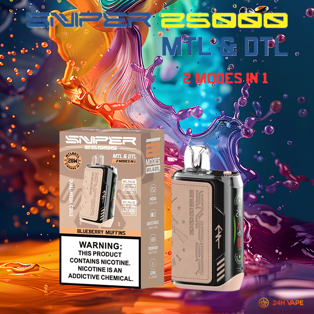 VAPMOD SNIPER 25000 25K Puffs Edition Leather LED Display Disposable Vape in Blueberry Muffins flavor