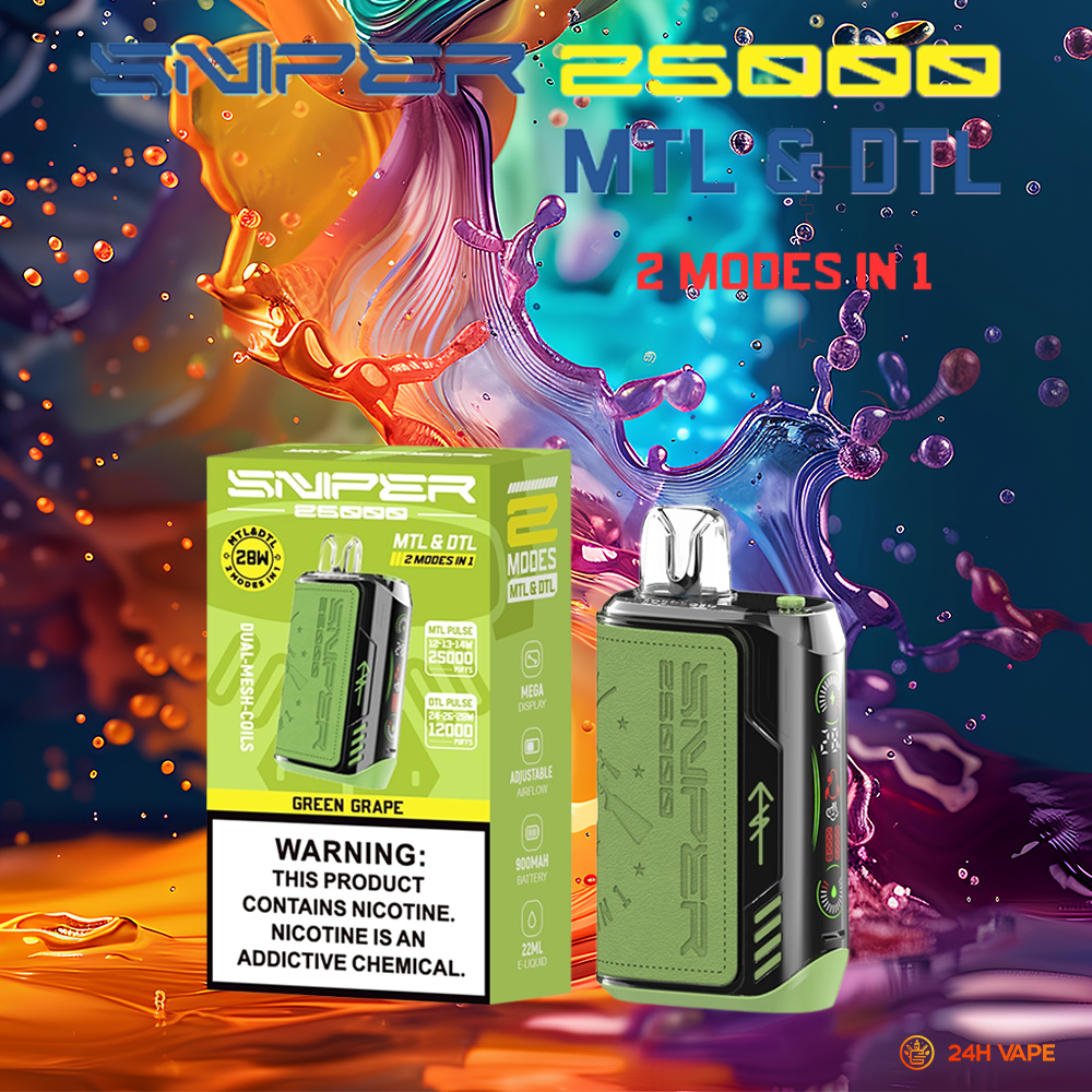 VAPMOD SNIPER 25000 25K Puffs Edition Leather LED Display Disposable Vape in Green Grape flavor