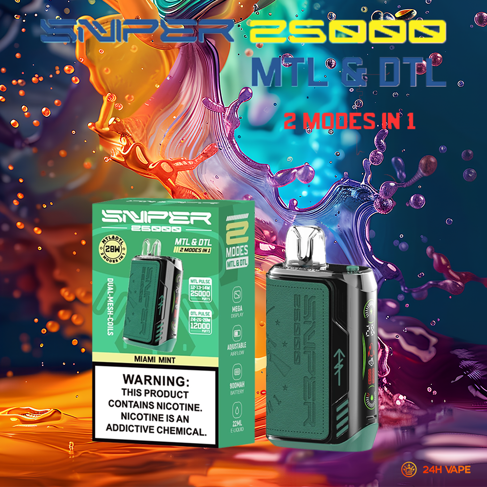 VAPMOD SNIPER 25000 25K Puffs Edition Leather LED Display Disposable Vape in Miami Mint flavor