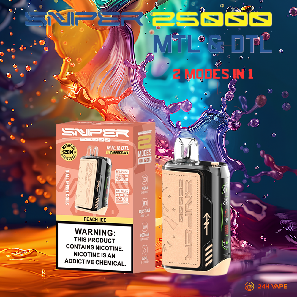 VAPMOD SNIPER 25000 25K Puffs Edition Leather LED Display Disposable Vape in Peach Ice flavor