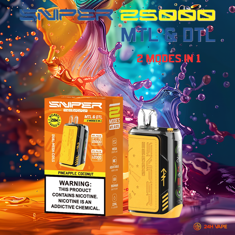 VAPMOD SNIPER 25000 25K Puffs Edition Leather LED Display Disposable Vape in Pineapple Coconut flavor