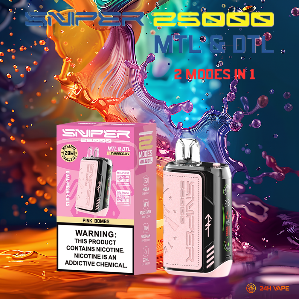 VAPMOD SNIPER 25000 25K Puffs Edition Leather LED Display Disposable Vape in Pink Bombs flavor