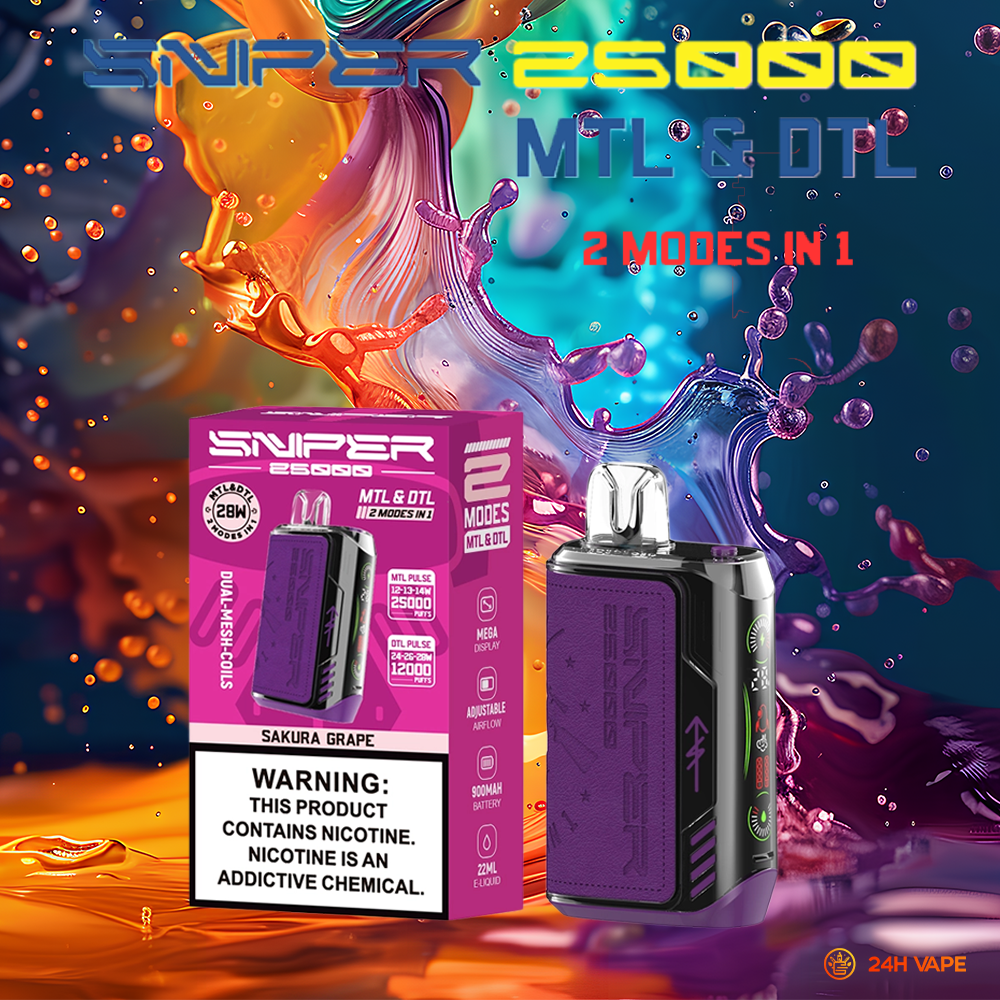 VAPMOD SNIPER 25000 25K Puffs Edition Leather LED Display Disposable Vape in Sakura Grape flavor