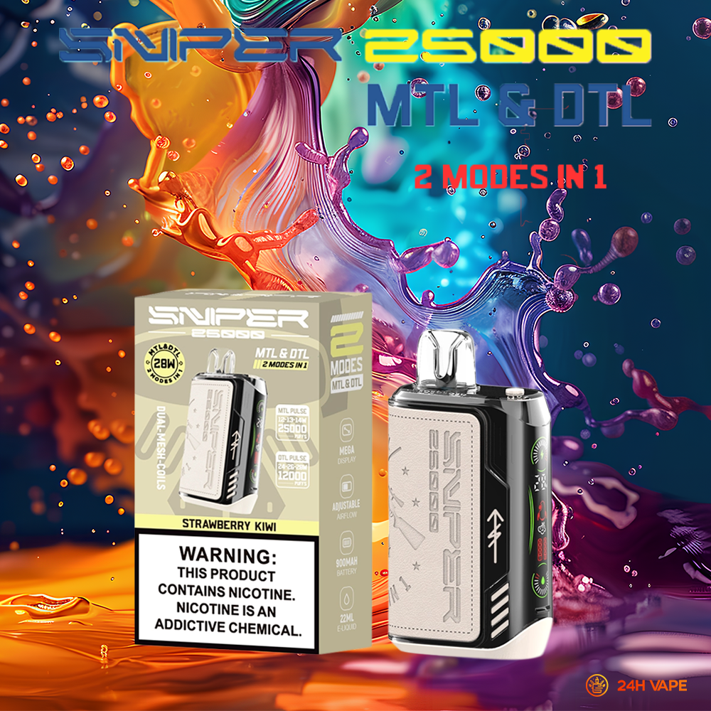 VAPMOD SNIPER 25000 25K Puffs Edition Leather LED Display Disposable Vape in Strawberry Kiwi flavor