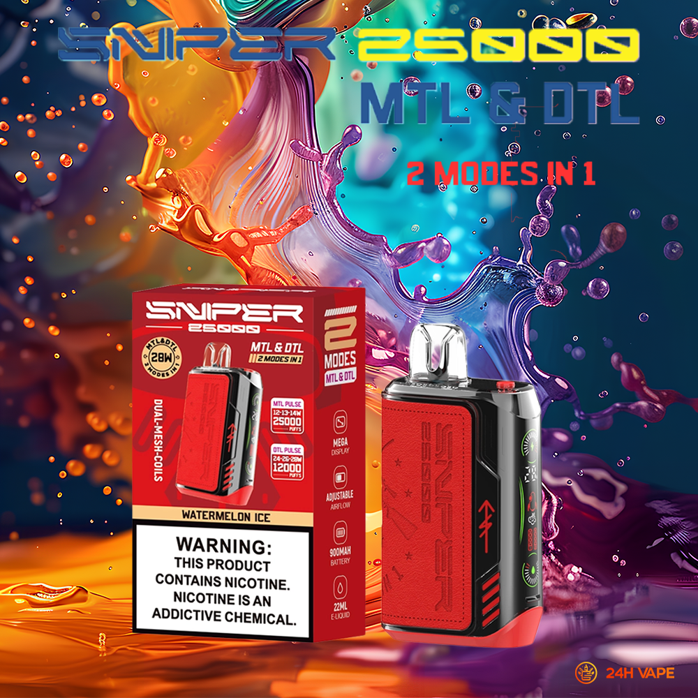 VAPMOD SNIPER 25000 25K Puffs Edition Leather LED Display Disposable Vape in Watermelon Ice flavor