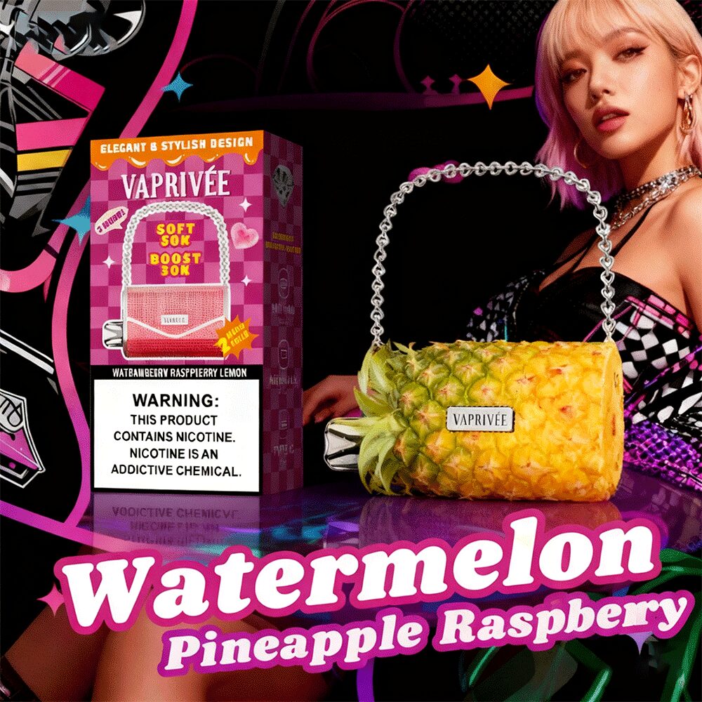 VAPRIVÉE 50000 50K Puffs Dual Power Mode & Dual Mesh Disposable Vape in Watermelon Pineapple Raspberry flavor