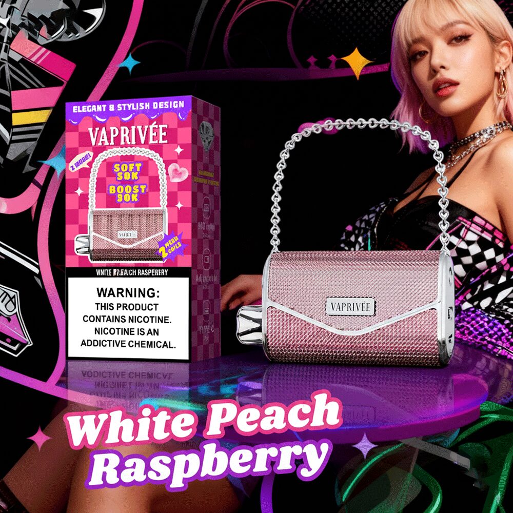 VAPRIVÉE 50000 (50.000 boccate) – Sigaretta elettronica usa e getta con doppia modalità di alimentazione e doppia resistenza mesh, gusto pesca bianca e lampone