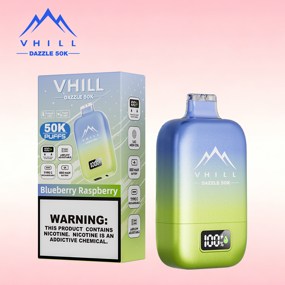 VHILL DAZZLE 50000 50K Puffs Airflow Ajustable Rechargeable LED Display Disposable Vape EU Warehouse in Blueberry Raspberry flavor