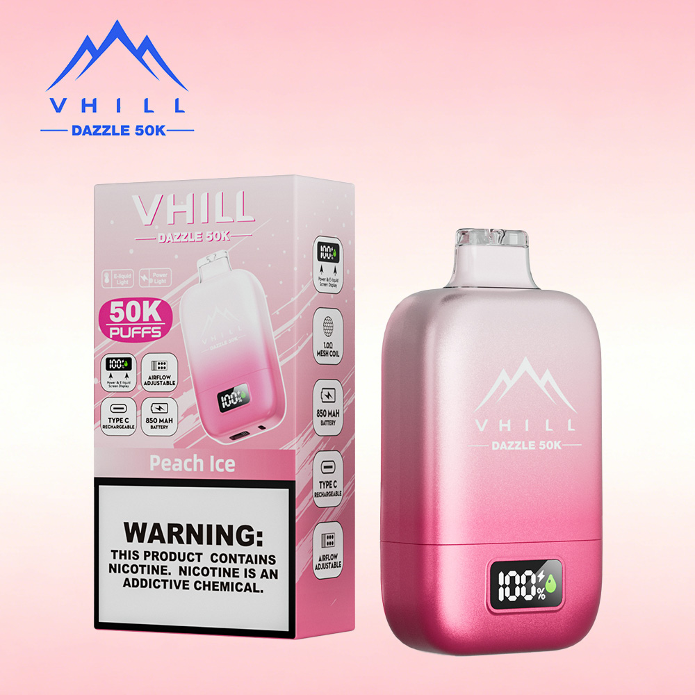 VHILL DAZZLE 50000 50K Puffs Airflow Ajustable Rechargeable LED Display Disposable Vape EU Warehouse in Peach Ice flavor