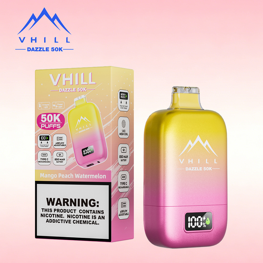 VHILL DAZZLE 50000 50K Puffs Airflow Ajustable Rechargeable LED Display Disposable Vape EU Warehouse in Peach Mango Watermelon flavor