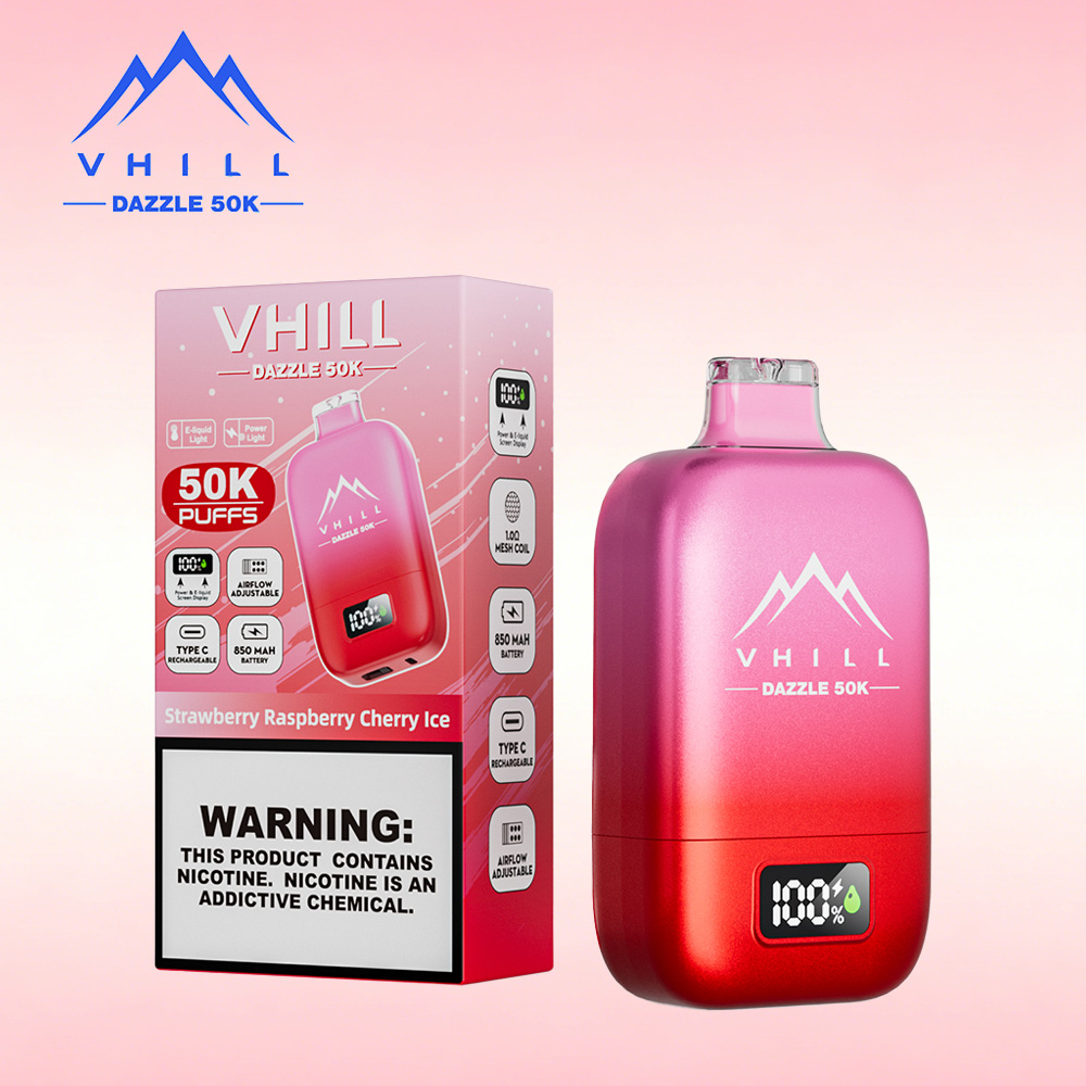 VHILL DAZZLE 50000 50K Puffs Airflow Ajustable Rechargeable LED Display Disposable Vape EU Warehouse in Strawberry Raspberry Cherry Ice flavor