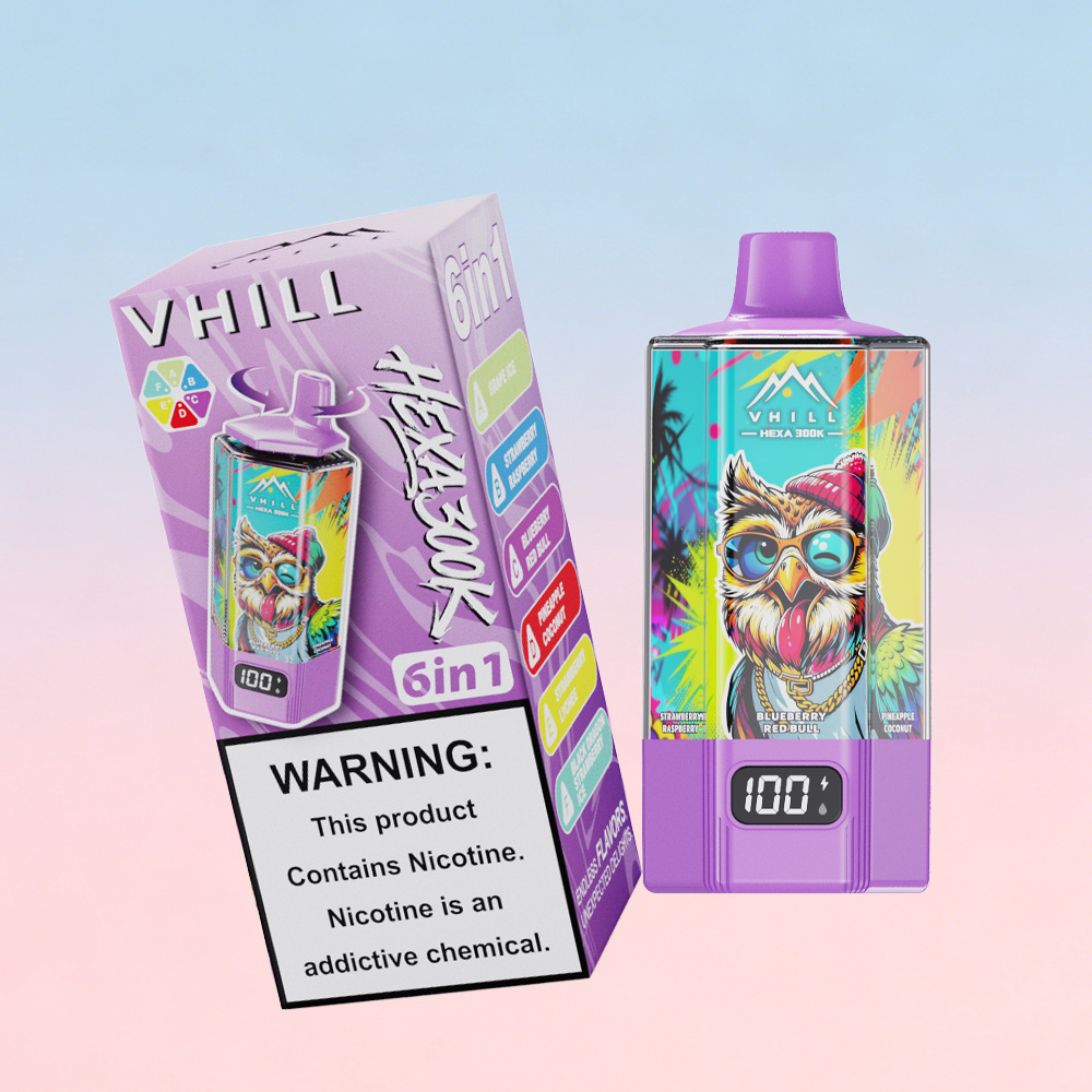 VHILL HEXA 300K 300000 Puffs 6 in 1 Flavors & 6 oil tanks Rechargeable LCD Display Disposable Vape EU Warehouse in vhill hexa 300k 300000 grape ice