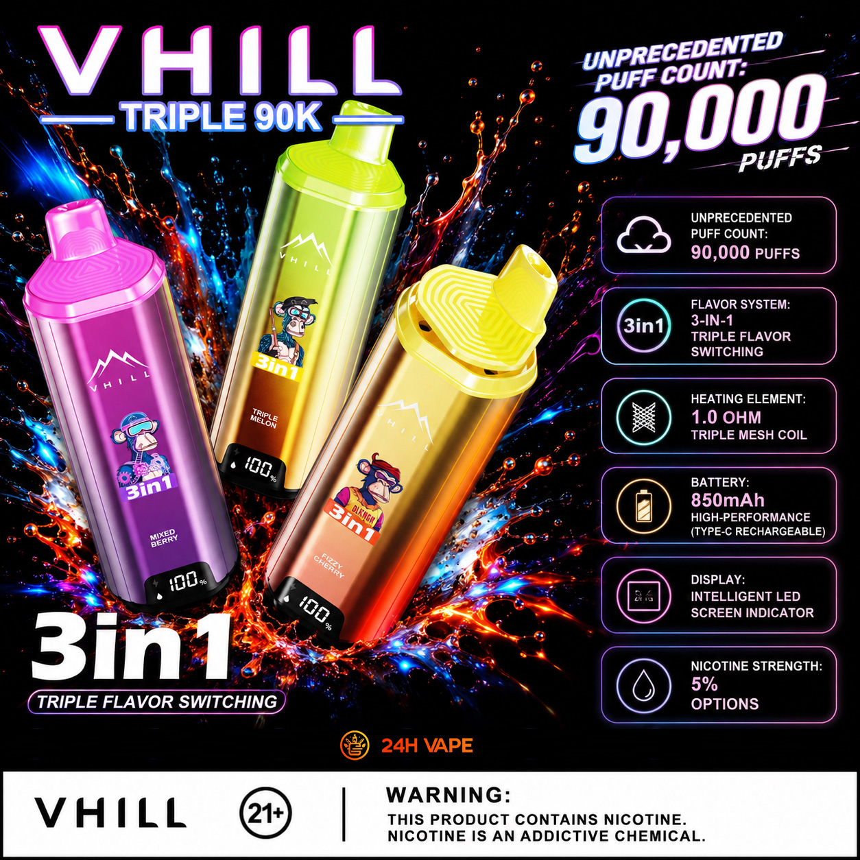 VHILL Triple 90K 90000 Puffs 3 in 1 Flavors&LED Screen Rechargeable Disposable Vape EU Warehouse product image