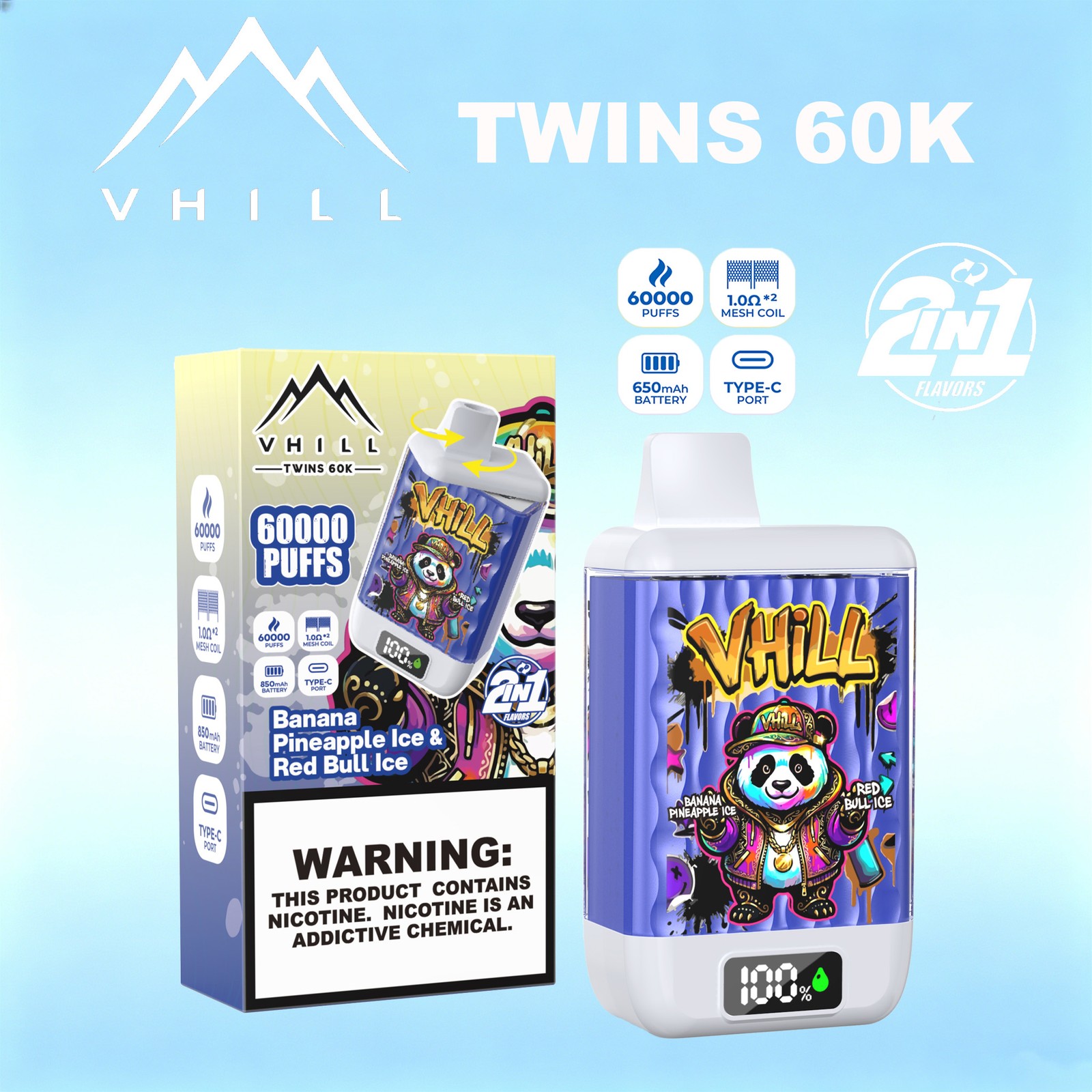 VHILL TWINS 60000 60K Puffs Dual Flavors LED Display Disposable Vape EU Warehouse in Banana Pineapple Ice & Red Bull Ice flavor