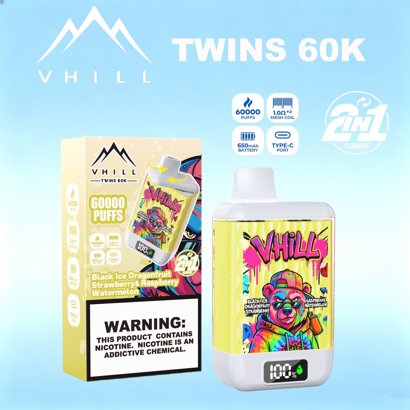 VHILL TWINS 60000 60K Puffs Dual Flavors LED Display Disposable Vape EU Warehouse in Black Ice Dragonfruit Strawberry & Raspberry Watermelon flavor
