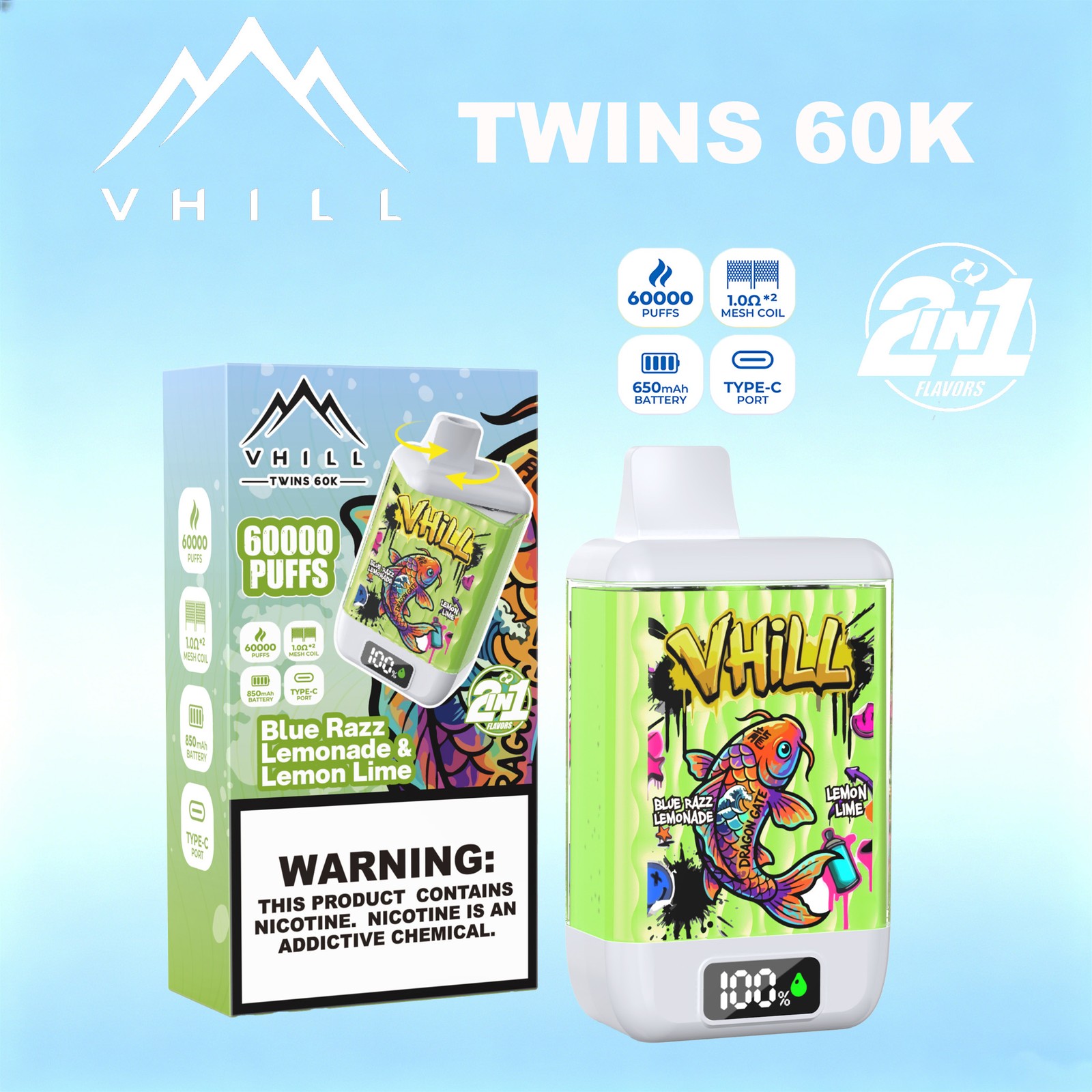 VHILL TWINS 60000 60K Puffs Dual Flavors LED Display Disposable Vape EU Warehouse in Blue Razz Lemonade & Lemon Lime flavor