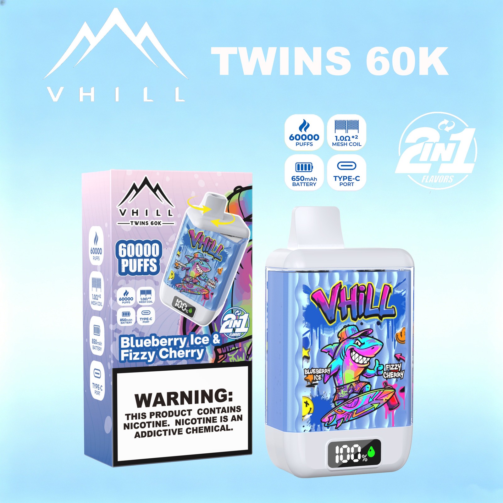VHILL TWINS 60000 60K Puffs Dual Flavors LED Display Disposable Vape EU Warehouse in Blueberry Ice & Fizzy Cherry flavor