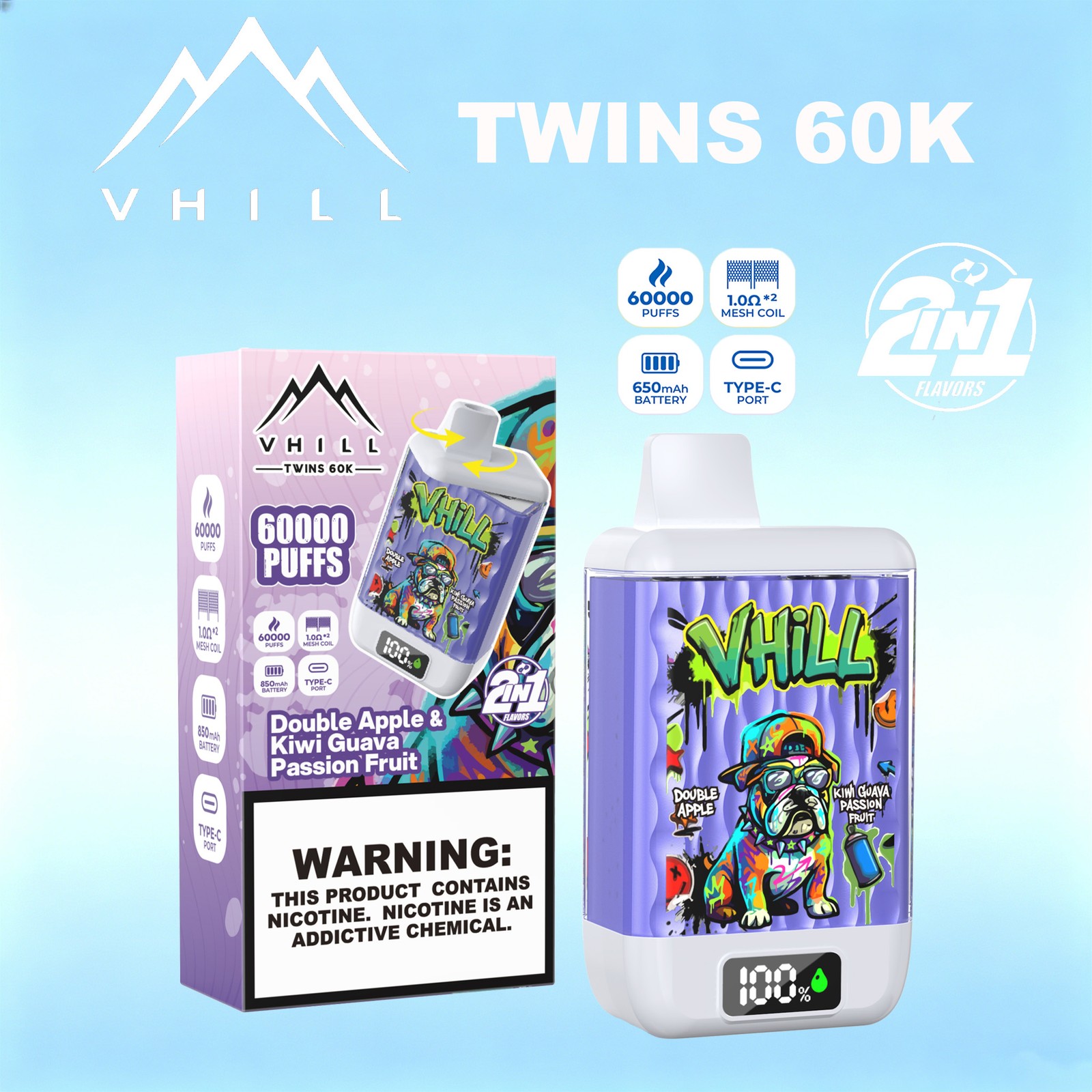VHILL TWINS 60000 60K Puffs Dual Flavors LED Display Disposable Vape EU Warehouse in Double Apple & Kiwi Guava Passion Fruit flavor