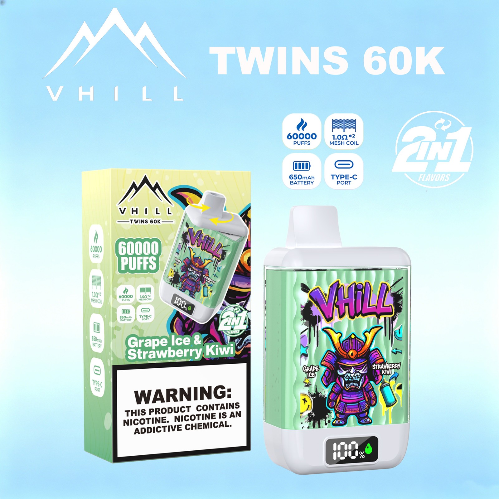 VHILL TWINS 60000 60K Puffs Dual Flavors LED Display Disposable Vape EU Warehouse in Grape Ice & Strawberry Kiwi flavor